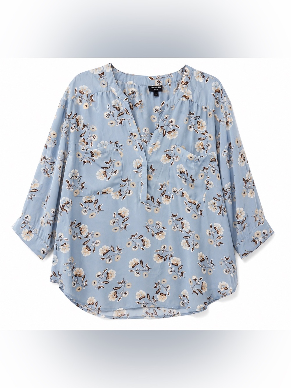 Torrid Harper Blouse Size 3 3X Blue Floral 3/4 Sleeve Pocket Pullover Top